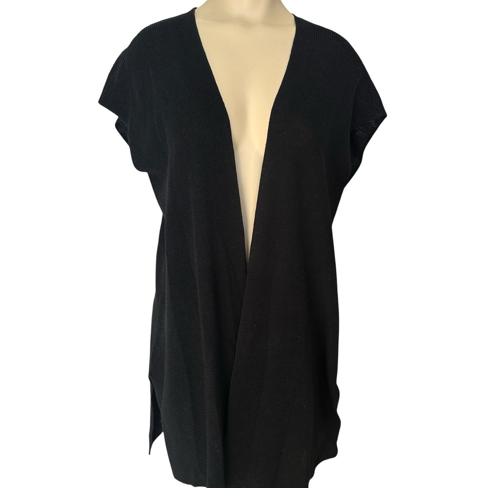 Eileen Fisher Cardigan Open Front Women Petite Medium Organic Linen Blend Black‎